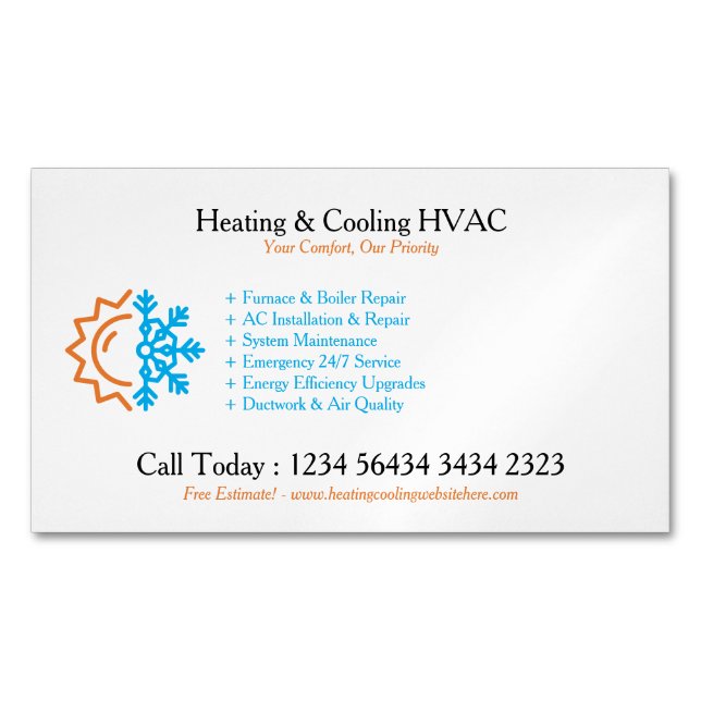 Modern White Heating & Cooling Magnetic Business Card (Front)