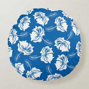 Modern White Hibiscus Flower Illustration Pattern Round Cushion