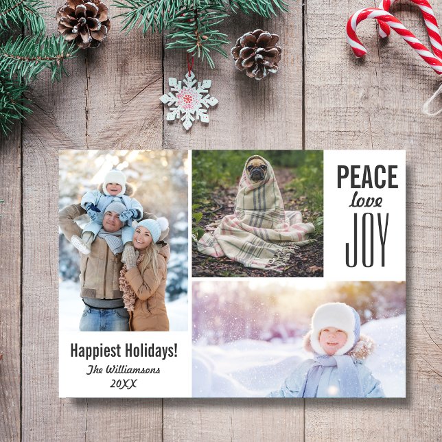 Modern White Holidays Peace Love Joy Photo Collage Holiday Card (Creator Uploaded)