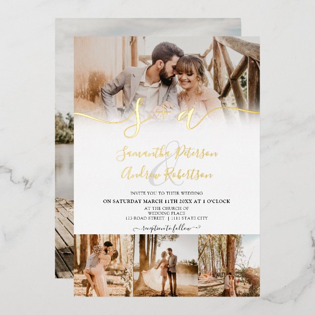 Modern white initials script 5 photos wedding (Front/Back)