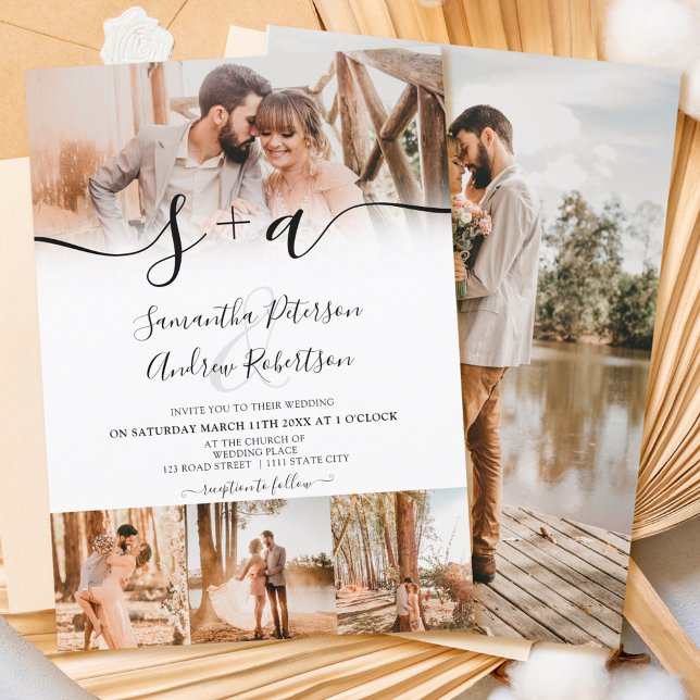 Modern white initials script 5 photos wedding invitation (Creator Uploaded)