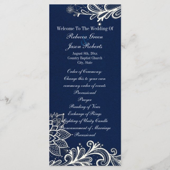modern white lace navy blue wedding programs programme (Front)