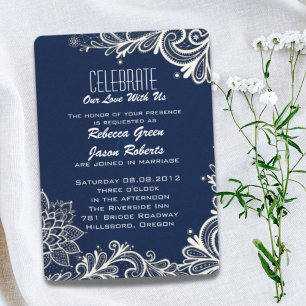 modern white lace pattern navy blue wedding invitation