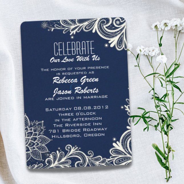 modern white lace pattern navy blue wedding invitation (modern white lace pattern navy blue wedding invitation)