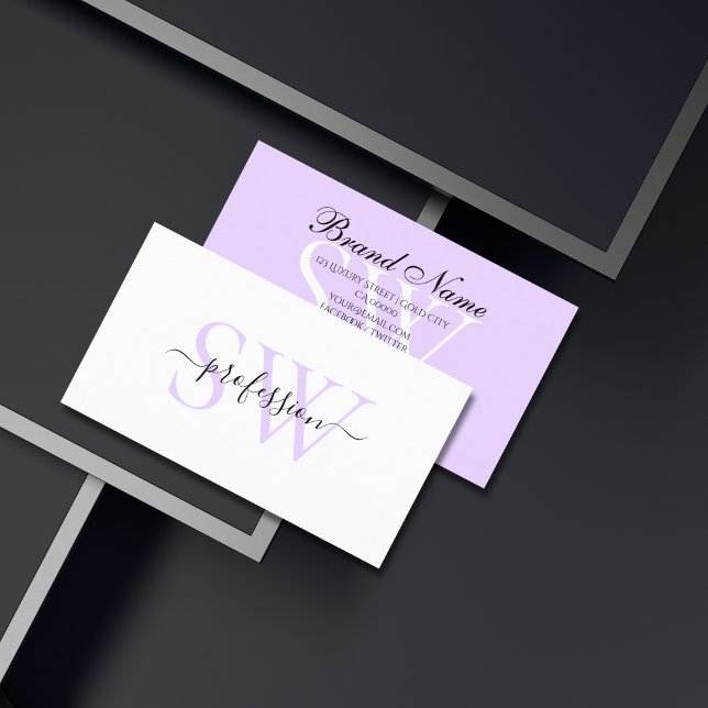 Modern White Light Pastel Lavender with Initials Business Card (Creator Uploaded)