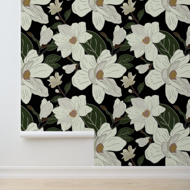 Modern White Magnolia Floral on Black  Wallpaper (Application)