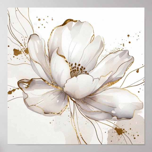 Modern White Magnolia Gold Line Art Floral Wedding Poster (Front)
