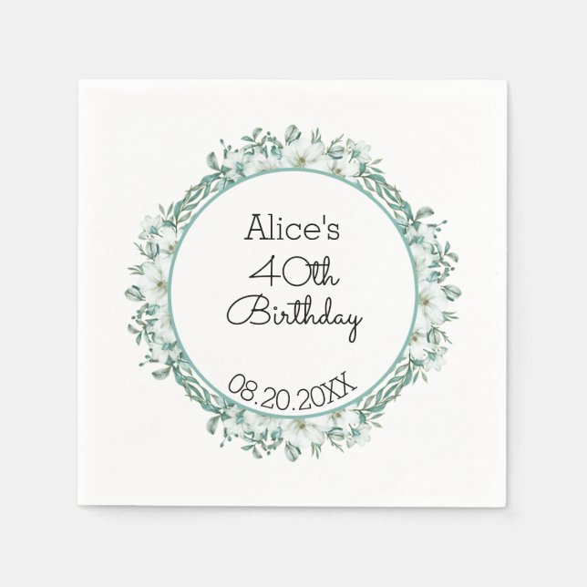 Modern White Magnolia Greenery 40th Birthday Napkin (Front)