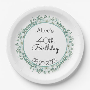 Modern White Magnolia Greenery 40th Birthday Paper Plate