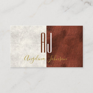 Modern White Marble and Copper Initials Monogram Business Card