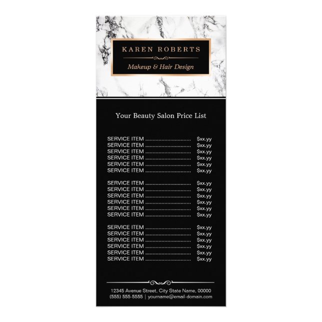 Modern White Marble Beauty Salon Price List Rack Card (Front)