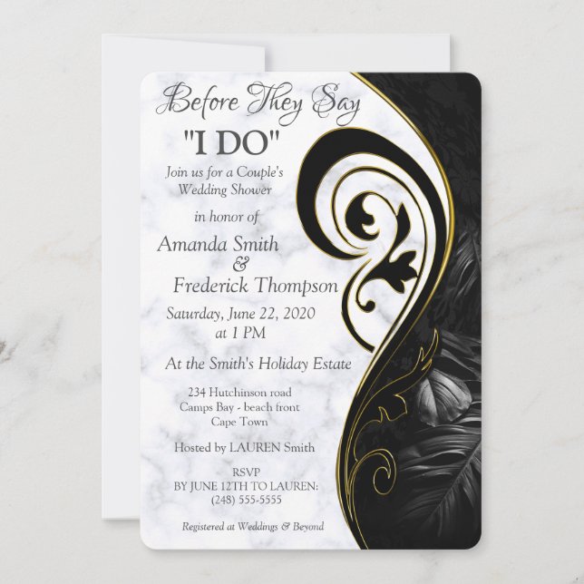 Modern White Marble Black Abstract Wedding Shower Invitation (Front)