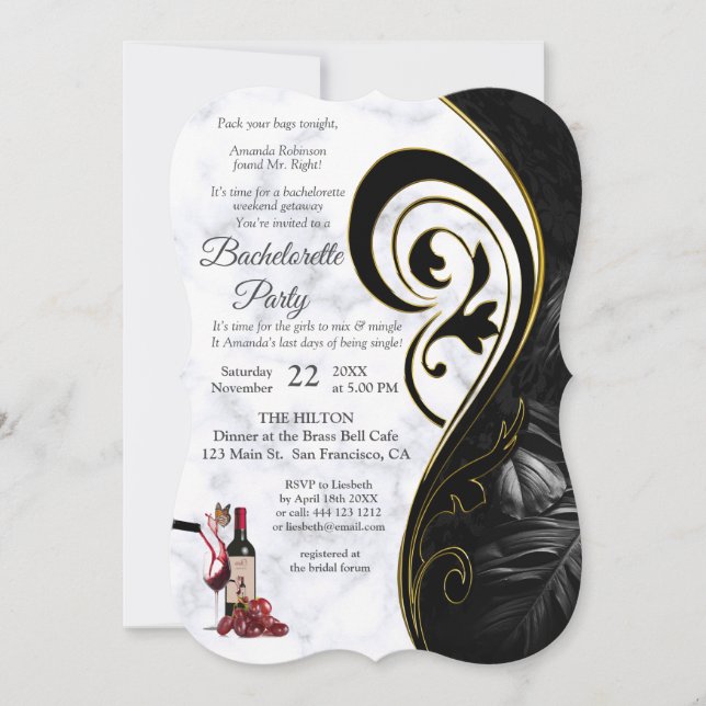 Modern White Marble & Black  Bachelorette Party Invitation (Front)