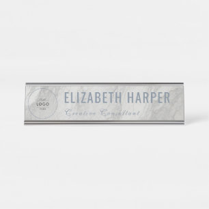 Modern White Marble & Blue Business Logo Custom Desk Name Plate