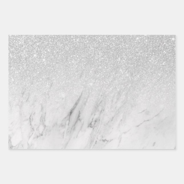 Modern White Marble Chic Silver Glitter Wrapping Paper Sheet (Front)