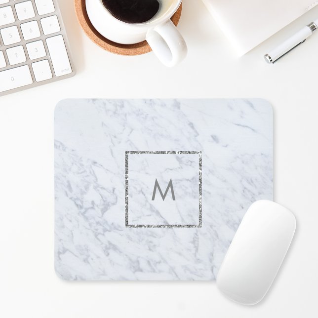 Modern White Marble Custom Monogram Mouse Pad (Creator Uploaded)