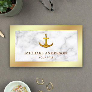 Modern White Marble Faux Gold Foil Nautical Anchor Business Card