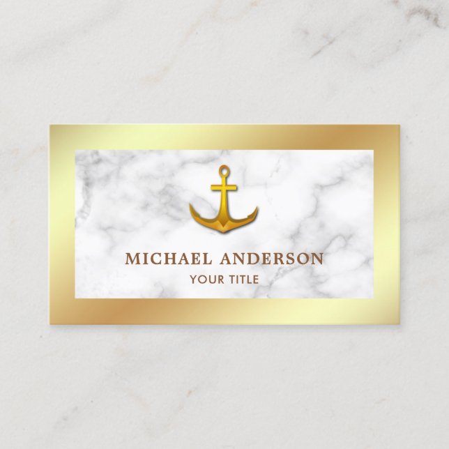 Modern White Marble Faux Gold Foil Nautical Anchor Business Card (Front)