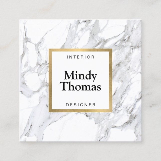Modern White Marble Faux Gold Frame Square Business Card (Front)