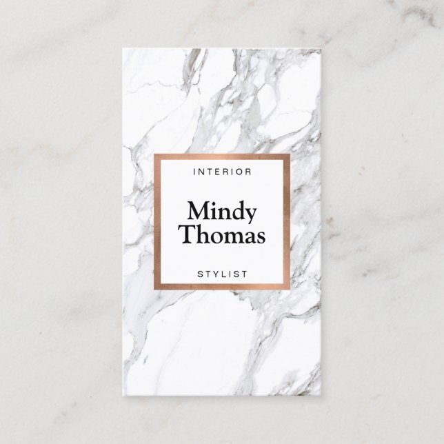 Modern White Marble Faux Rose Gold Frame Business Card (Front)
