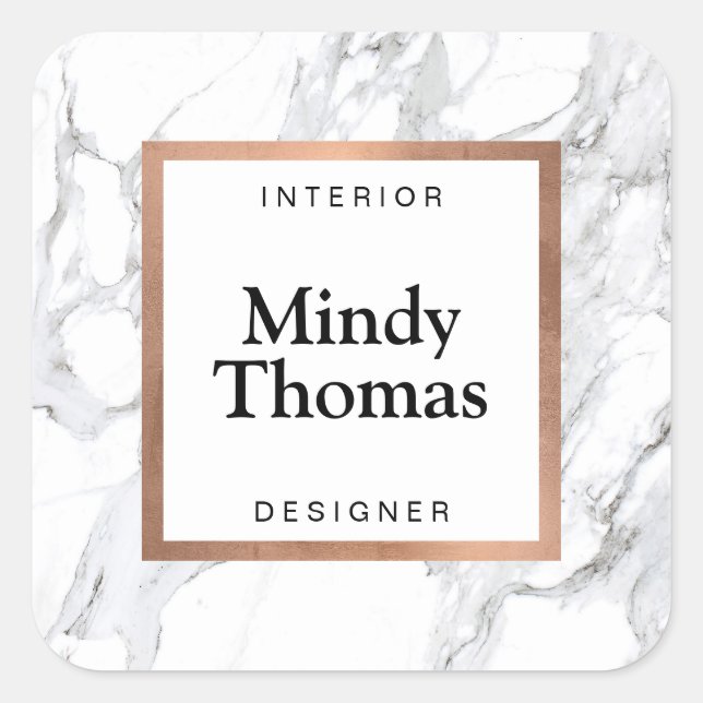 Modern White Marble Faux Rose Gold Frame Square Sticker (Front)
