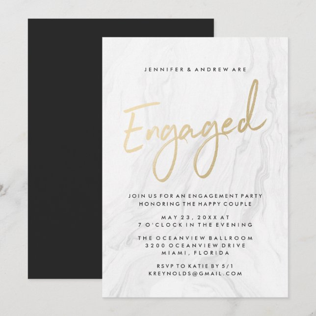 Modern White Marble Gold Script | Engagement Party Invitation (Front/Back)