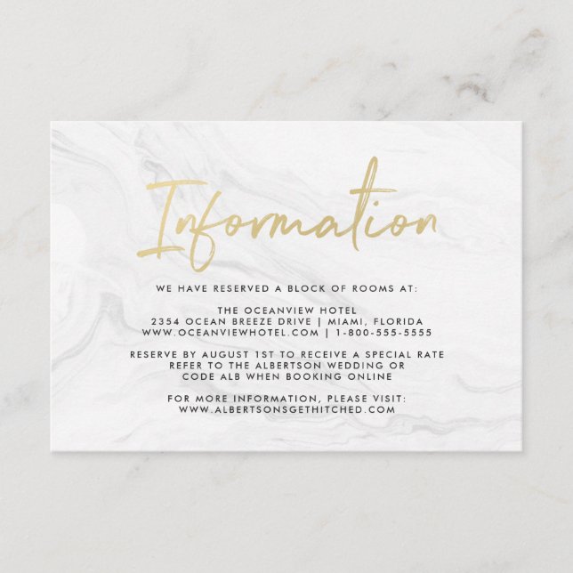 Modern White Marble Gold Script | Information Card (Front)