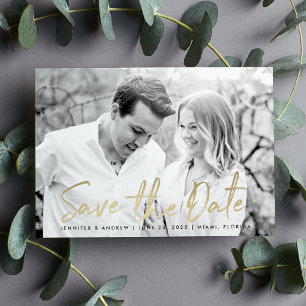 Modern White Marble Gold Script Photo Save The Date