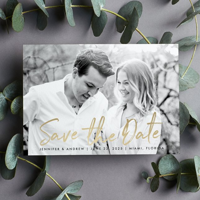 Modern White Marble Gold Script Photo Save The Date (Creator Uploaded)
