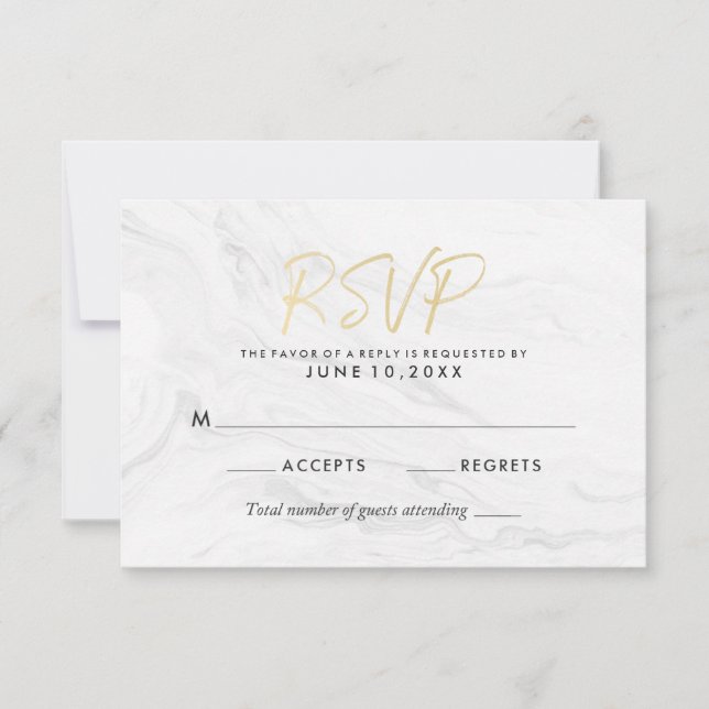 Modern White Marble Gold Script | Wedding RSVP (Front)