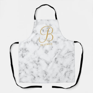 Modern white marble gold typography name monogram apron