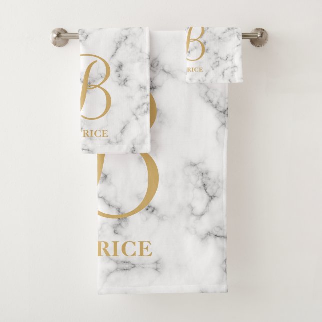 Modern white marble gold typography name monogram bath towel set (Insitu)