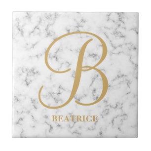 Modern white marble gold typography name monogram tile