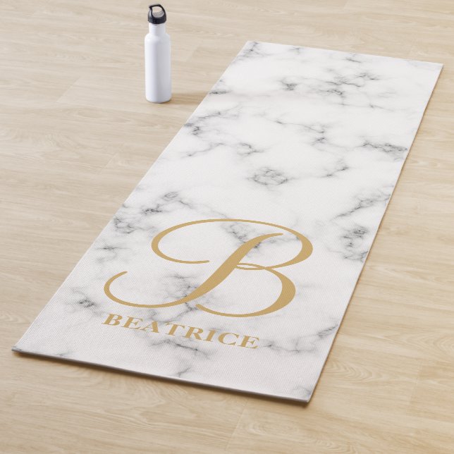 Modern white marble gold typography name monogram yoga mat (In Situ)