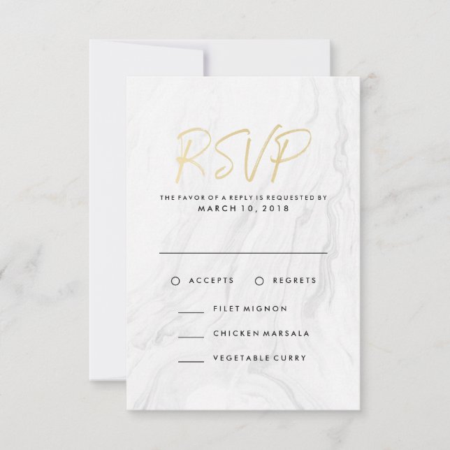 Modern White Marble Gold Wedding RSVP Menu Option (Front)