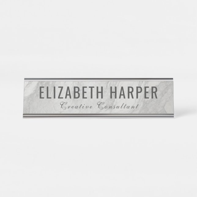 Modern White Marble & Grey Professional Custom Desk Name Plate (Front)