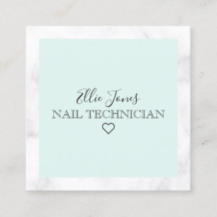 Modern white marble & mint green nail technician square business card