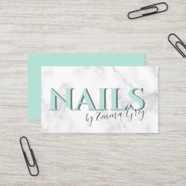 Modern white marble & mint green typography nails business card (Front/Back In Situ)