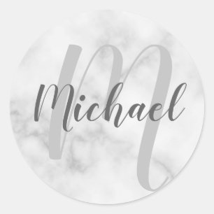 Modern White Marble Personalised Monogram and Name Classic Round Sticker