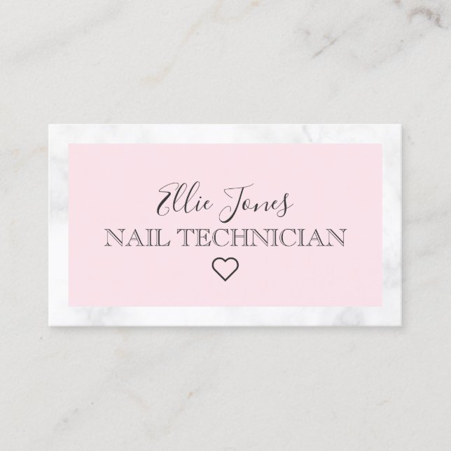 Modern white marble & pink nail technician business card (Front)