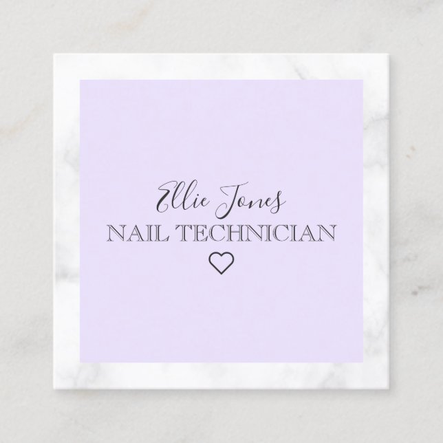 Modern white marble & purple nail technician square business card (Front)
