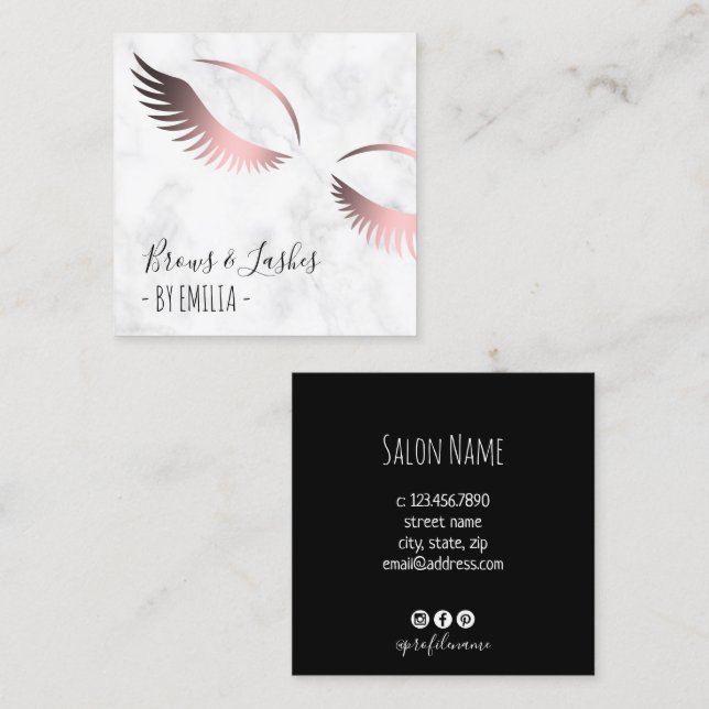 Modern white marble rose gold brows & lashes square business card (Front/Back)