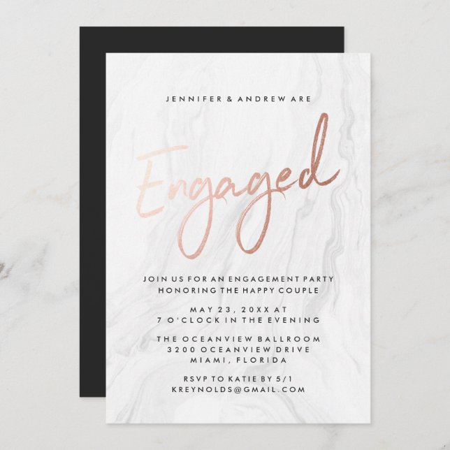 Modern White Marble Rose Gold | Engagement Party Invitation (Front/Back)