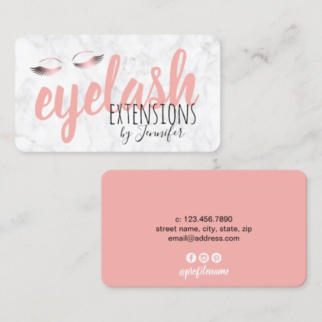 Modern white marble rose gold eyelash extensions business card (Front/Back)