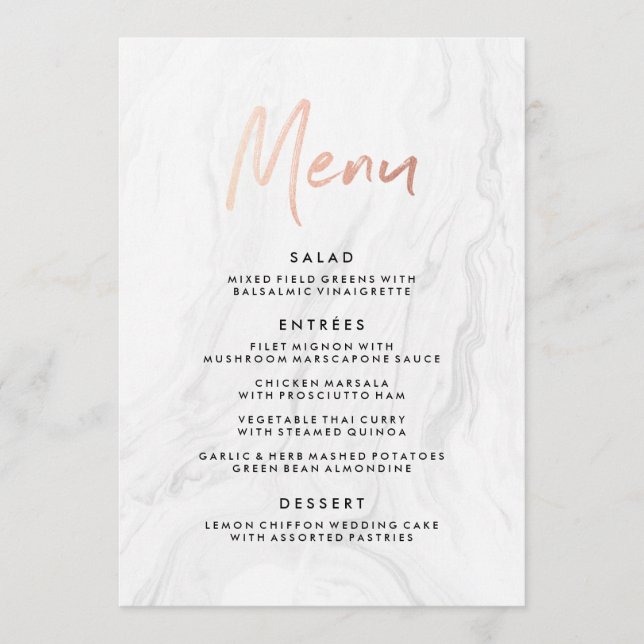 Modern White Marble Rose Gold Script Wedding Menu (Front)