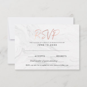 Modern White Marble Rose Gold Script Wedding RSVP Invitation