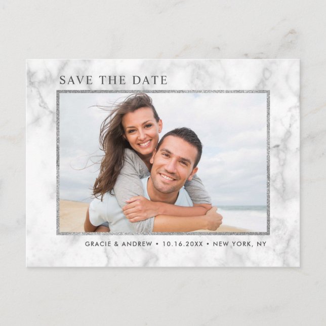 Modern White Marble Save the Date Announcement Postcard (Front)