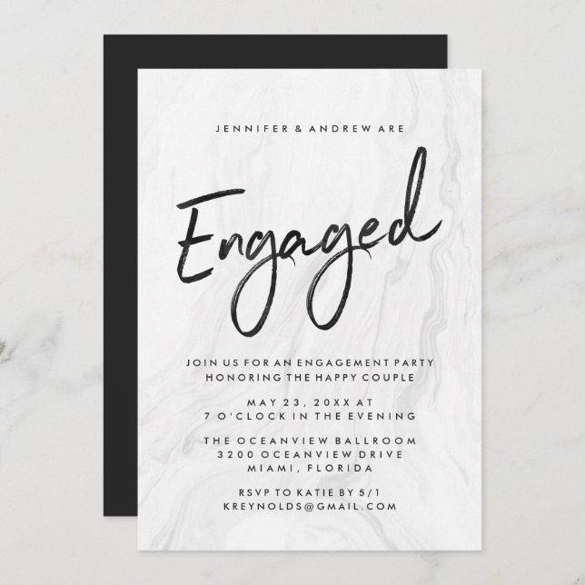 Modern White Marble Script | Engagement Party Invitation (Front/Back)