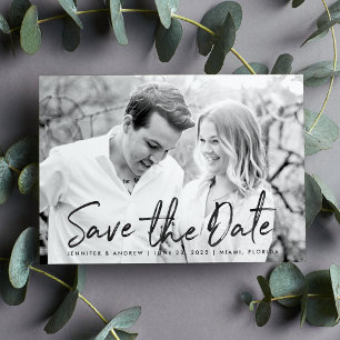 Modern White Marble Script Photo Save The Date