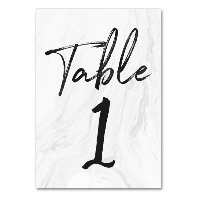 Modern White Marble Script | Table Number Card 1 (Front)